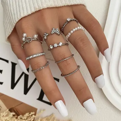 9pcs Fashion Crystal Butterfly Pearl Bead Sliver Rings 